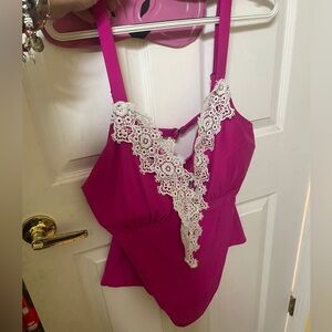 Fuchsia One-Piece Swimsuit with White Crochet Trim